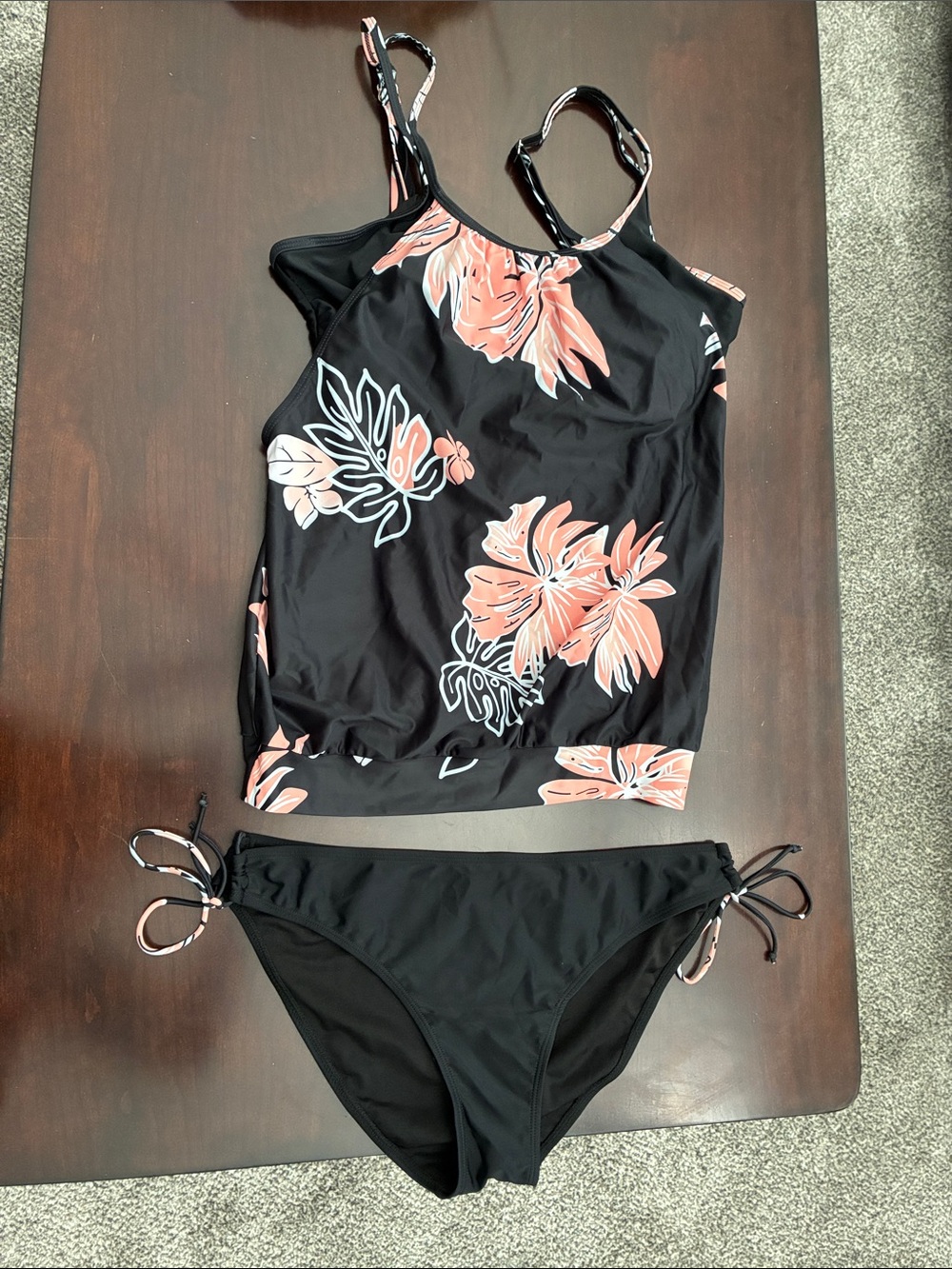 Black Floral Two-Piece Tankini Swimsuit with Pink Floral Print